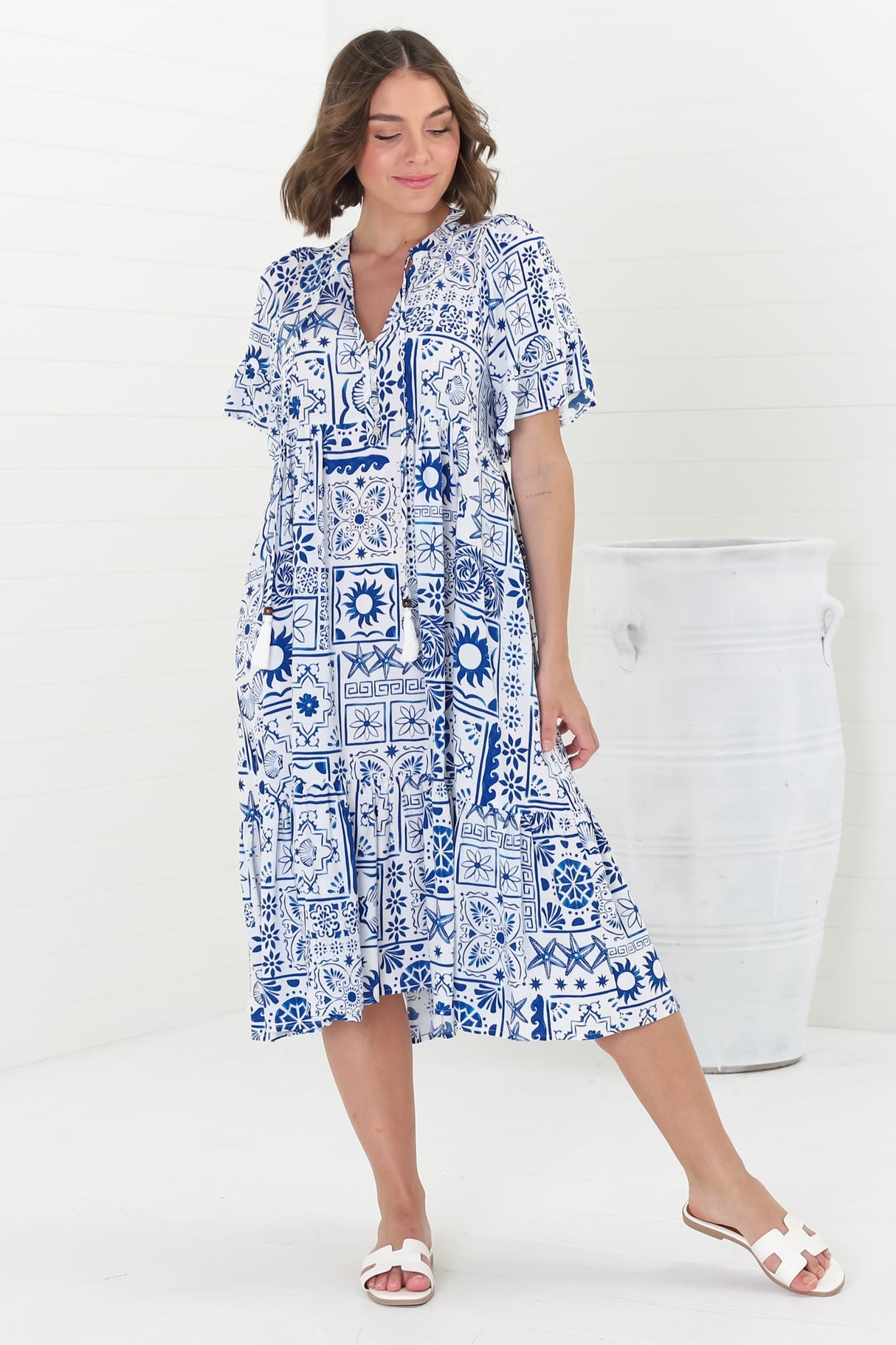 Orla Midi Dress - Mandarin Collar Smock Dress in Aine Print Blue