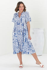 Orla Midi Dress - Mandarin Collar Smock Dress in Aine Print Blue