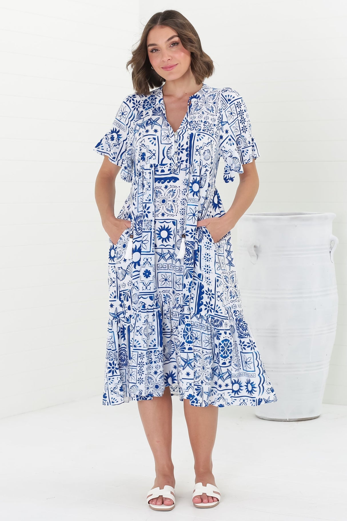 Orla Midi Dress - Mandarin Collar Smock Dress in Aine Print Blue