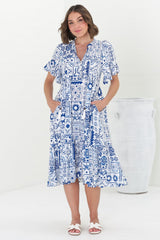 Orla Midi Dress - Mandarin Collar Smock Dress in Aine Print Blue