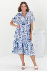 Orla Midi Dress - Mandarin Collar Smock Dress in Aine Print Blue