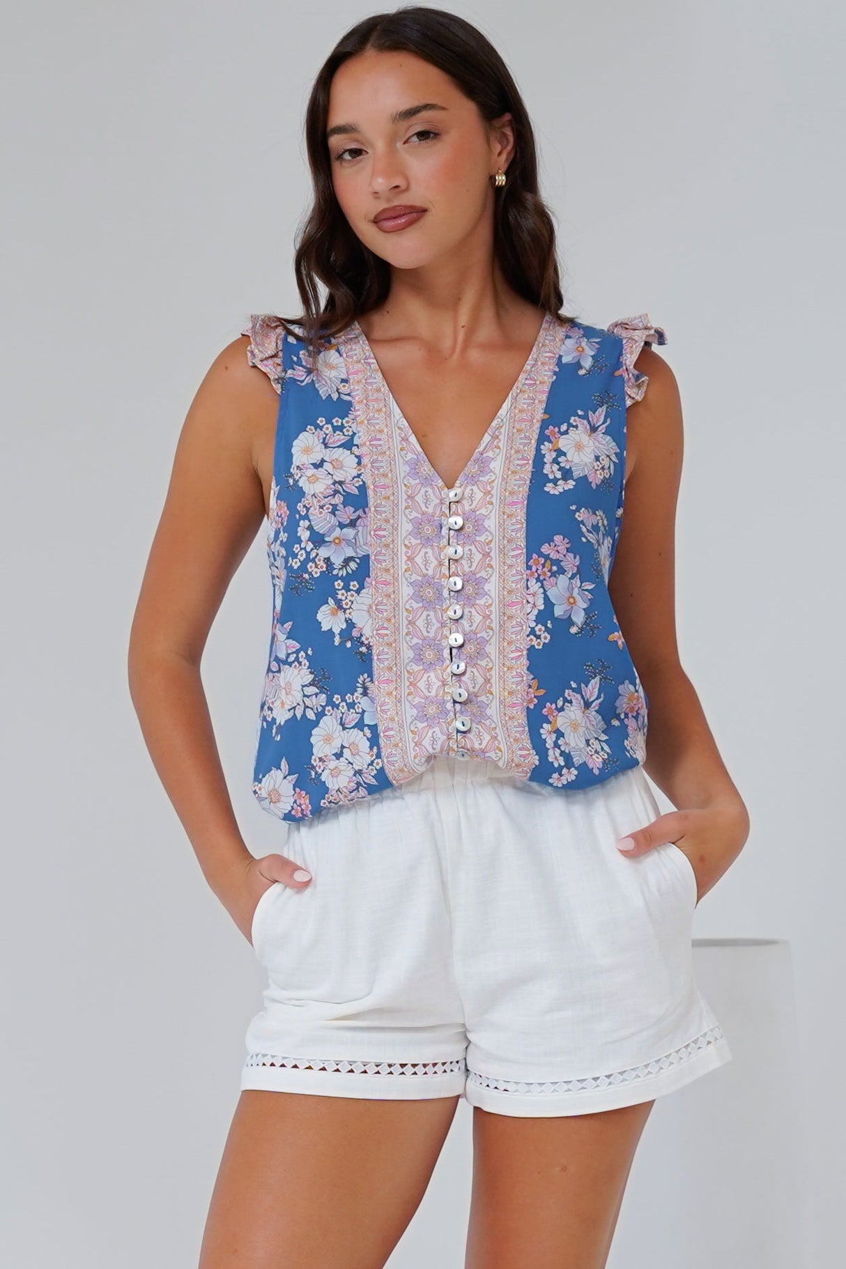 Oslo Top  - Sleeveless Button Down Top in Minnie Print