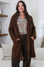 Model wearing Oswin Cardigan in Coffee from Salty Crush