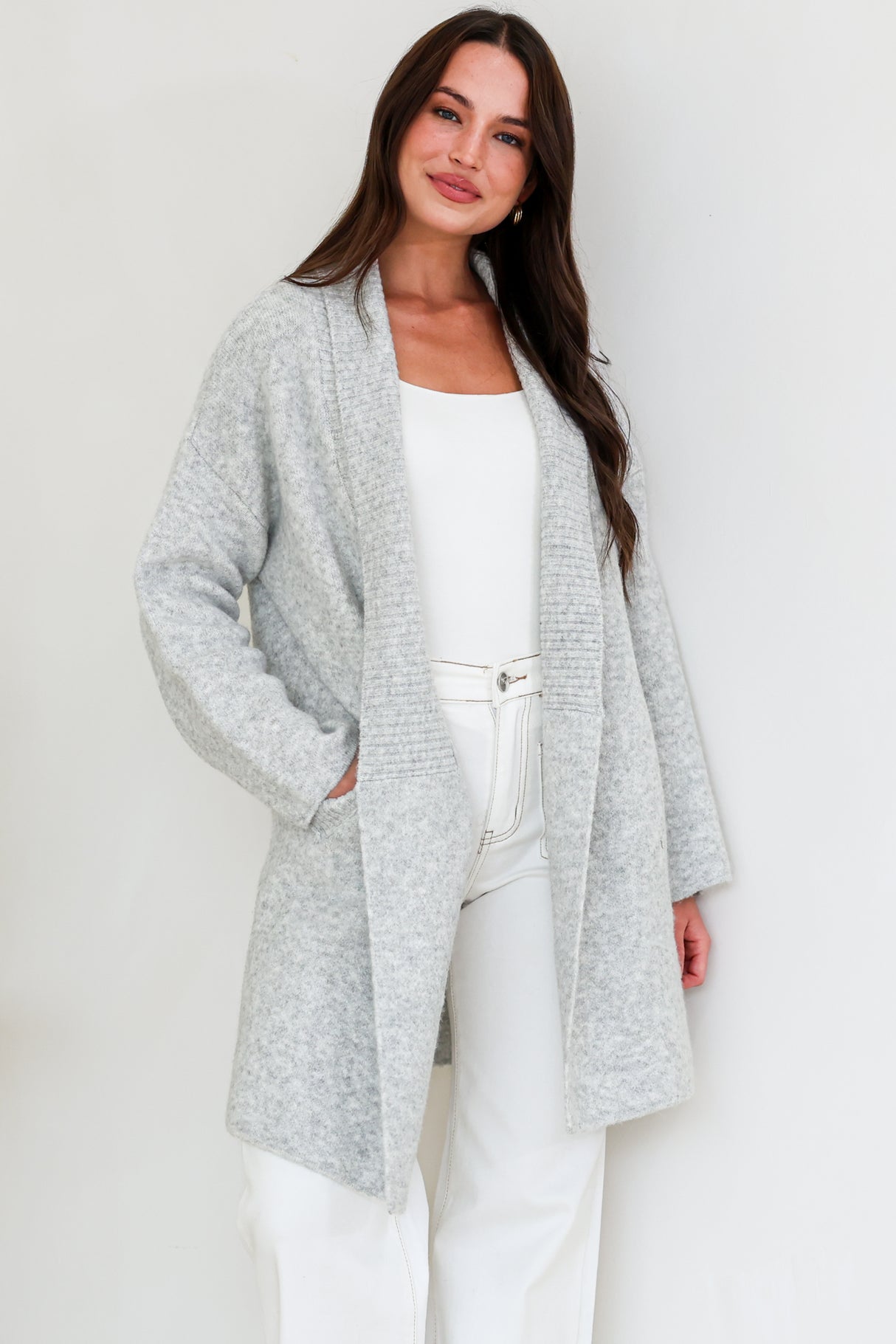 Oswin Cardigan - Open Front Ribbed Shawl Collar Knit with Pockets in Grey