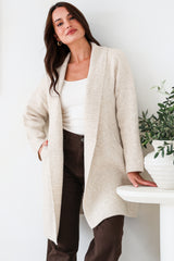 Oswin Cardigan - Open Front Ribbed Shawl Collar Knit with Pockets in Oatmeal