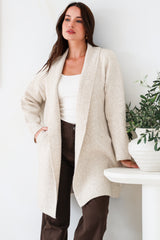 Oswin Cardigan - Open Front Ribbed Shawl Collar Knit with Pockets in Oatmeal