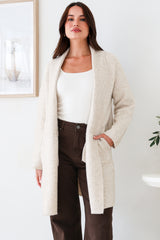 Oswin Cardigan - Open Front Ribbed Shawl Collar Knit with Pockets in Oatmeal