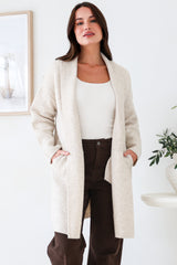 Oswin Cardigan - Open Front Ribbed Shawl Collar Knit with Pockets in Oatmeal
