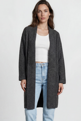 Model wearing Oswin Cardigan in Charcoal from Salty Crush
