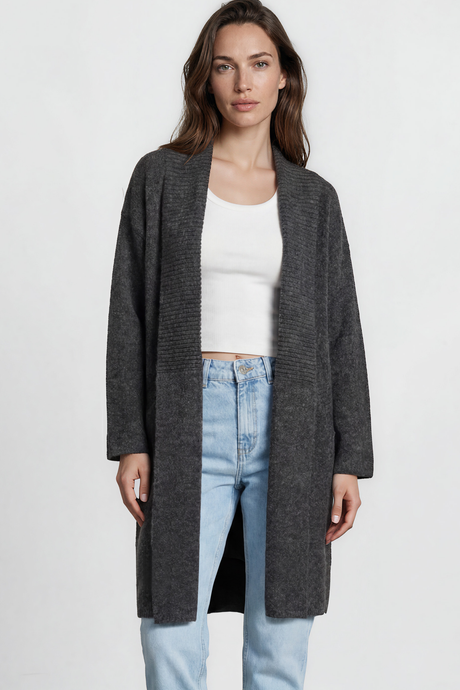 Model wearing Oswin Cardigan in Charcoal from Salty Crush