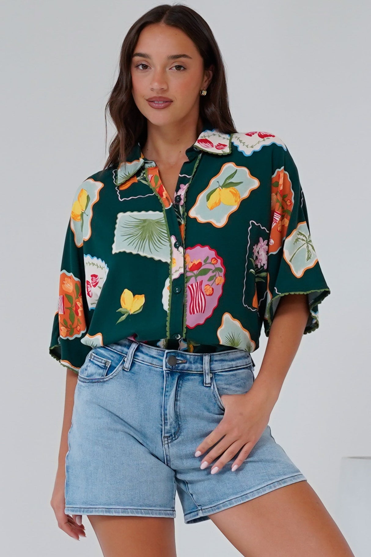 Otis Shirt - Wave Trim Button Down Shirt in Elora Print