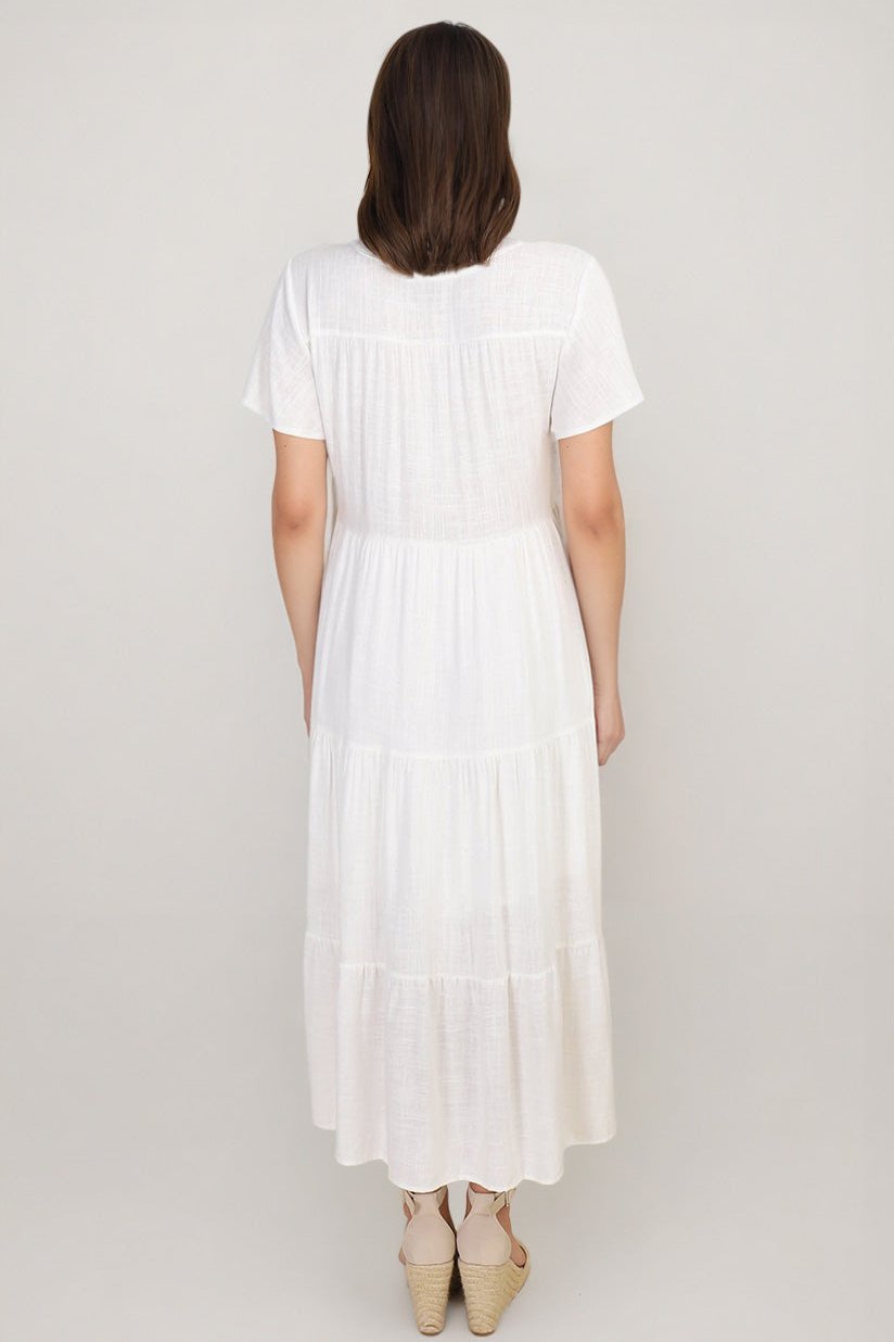 Milla Midi Dress - Tiered Cap Sleeve Button Down Linen Dress in White