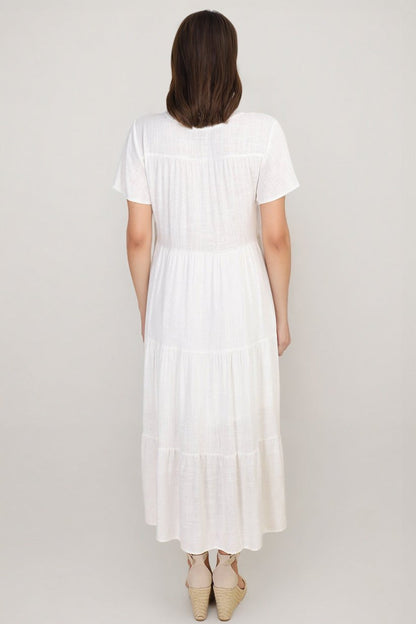 Milla Midi Dress - Tiered Cap Sleeve Button Down Linen Dress in White