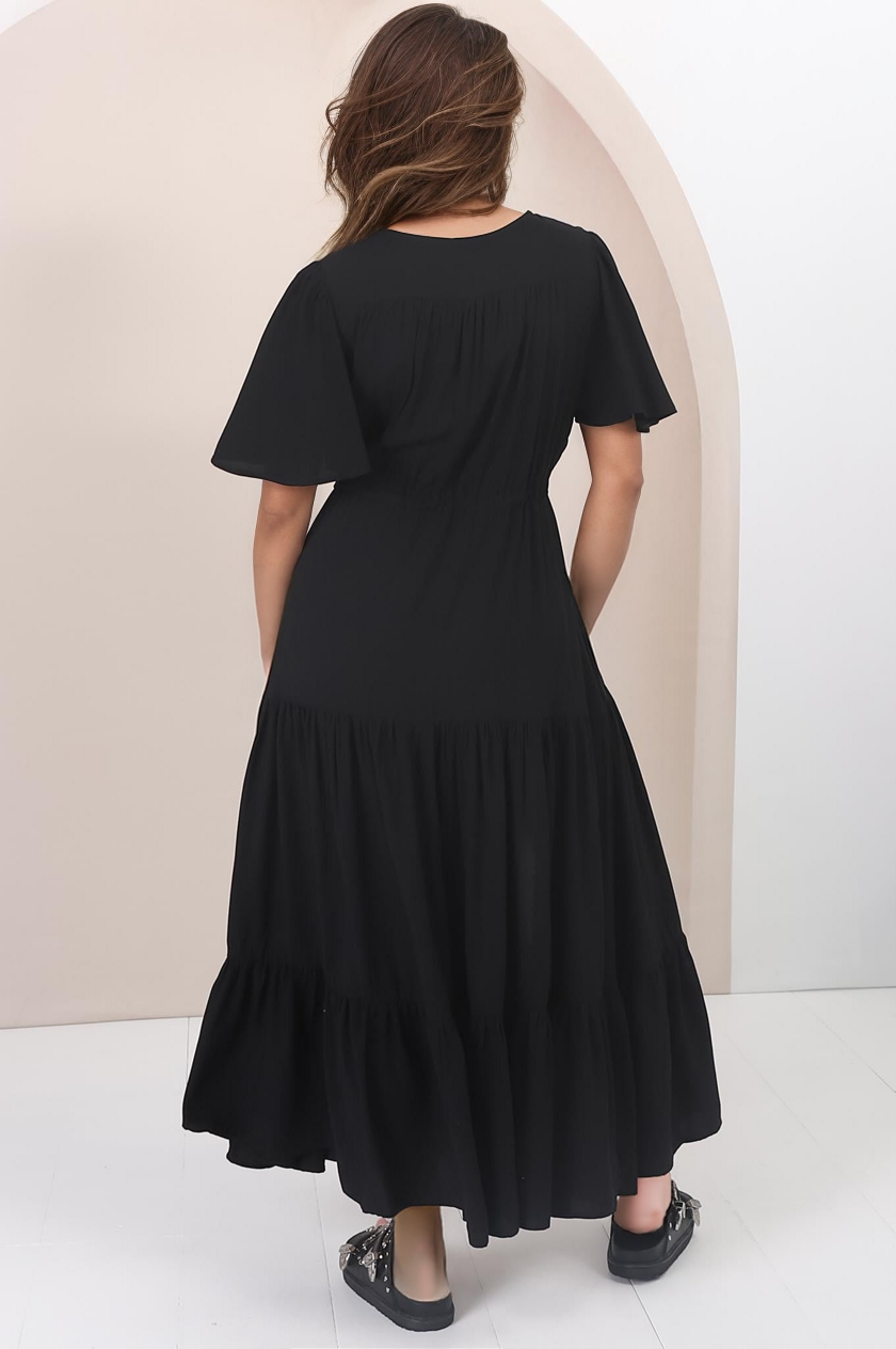 Anya Maxi Dress - Flutter Cap Sleeve Pull Tie Waist Dress in Black