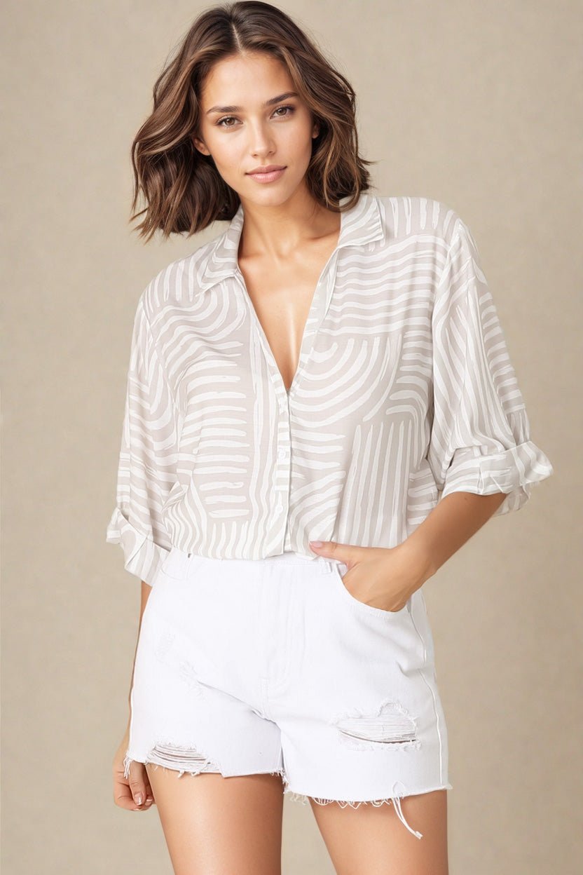 Beachly Shirt - Folded Collar Button Down Relaxed Shirt in Hansel Print