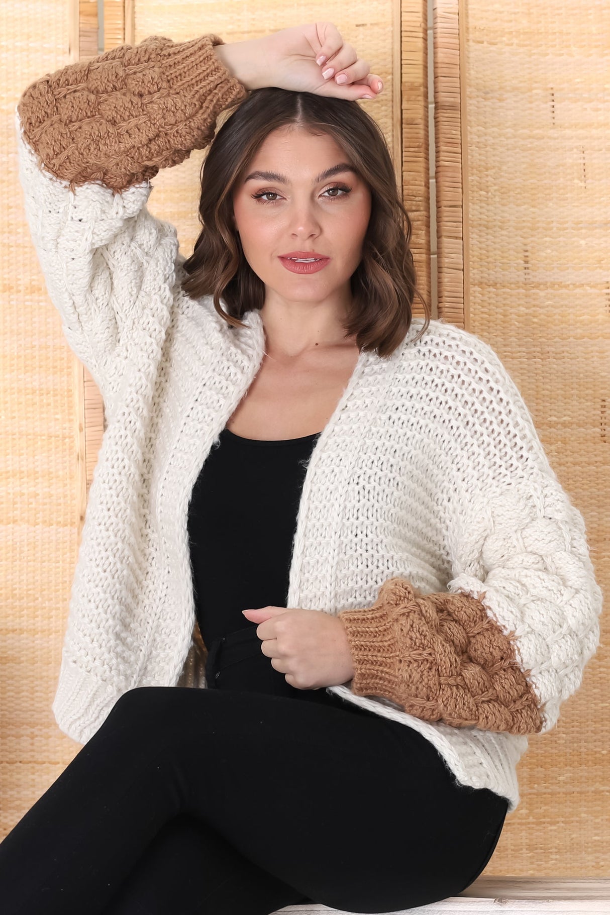 Paddy Cardigan - Bubble Knit Balloon Sleeve Colour Block Cardigan in Cream