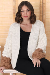 Paddy Cardigan - Bubble Knit Balloon Sleeve Colour Block Cardigan in Cream