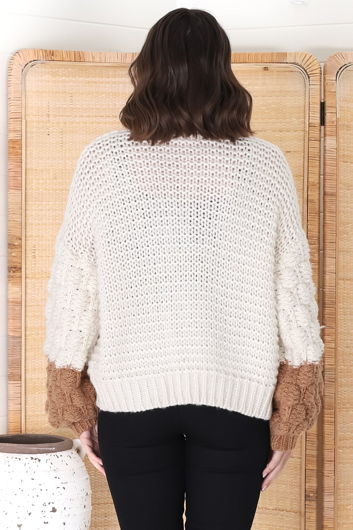 Paddy Cardigan - Bubble Knit Balloon Sleeve Colour Block Cardigan in Cream