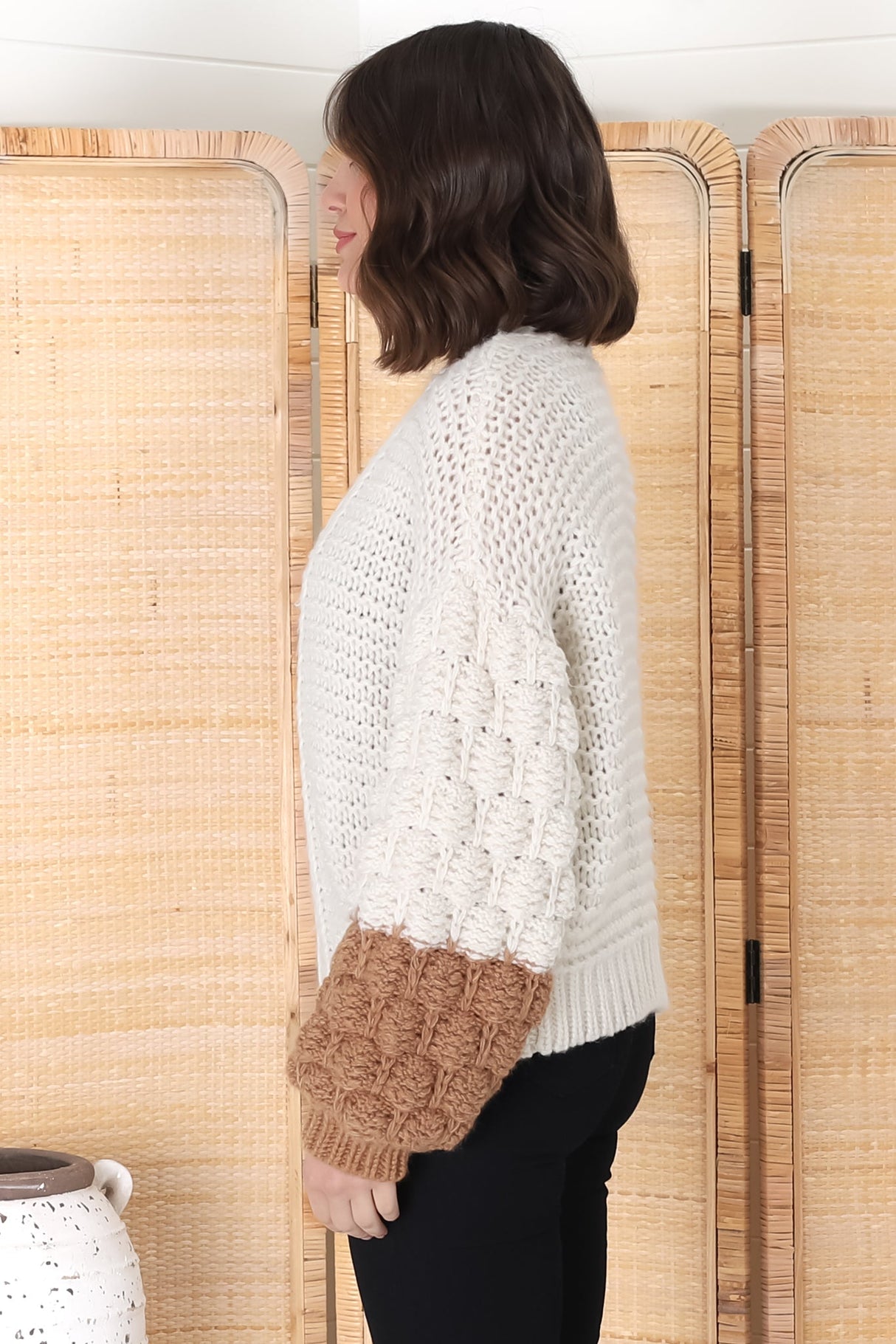 Paddy Cardigan - Bubble Knit Balloon Sleeve Colour Block Cardigan in Cream