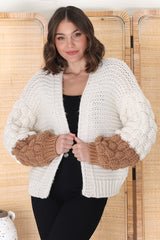 Paddy Cardigan - Bubble Knit Balloon Sleeve Colour Block Cardigan in Cream