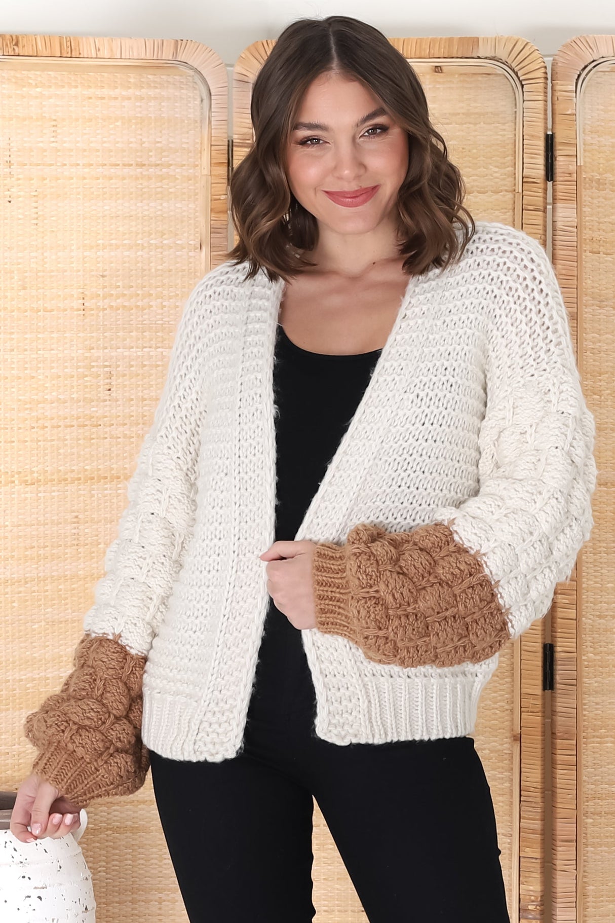 Paddy Cardigan - Bubble Knit Balloon Sleeve Colour Block Cardigan in Cream