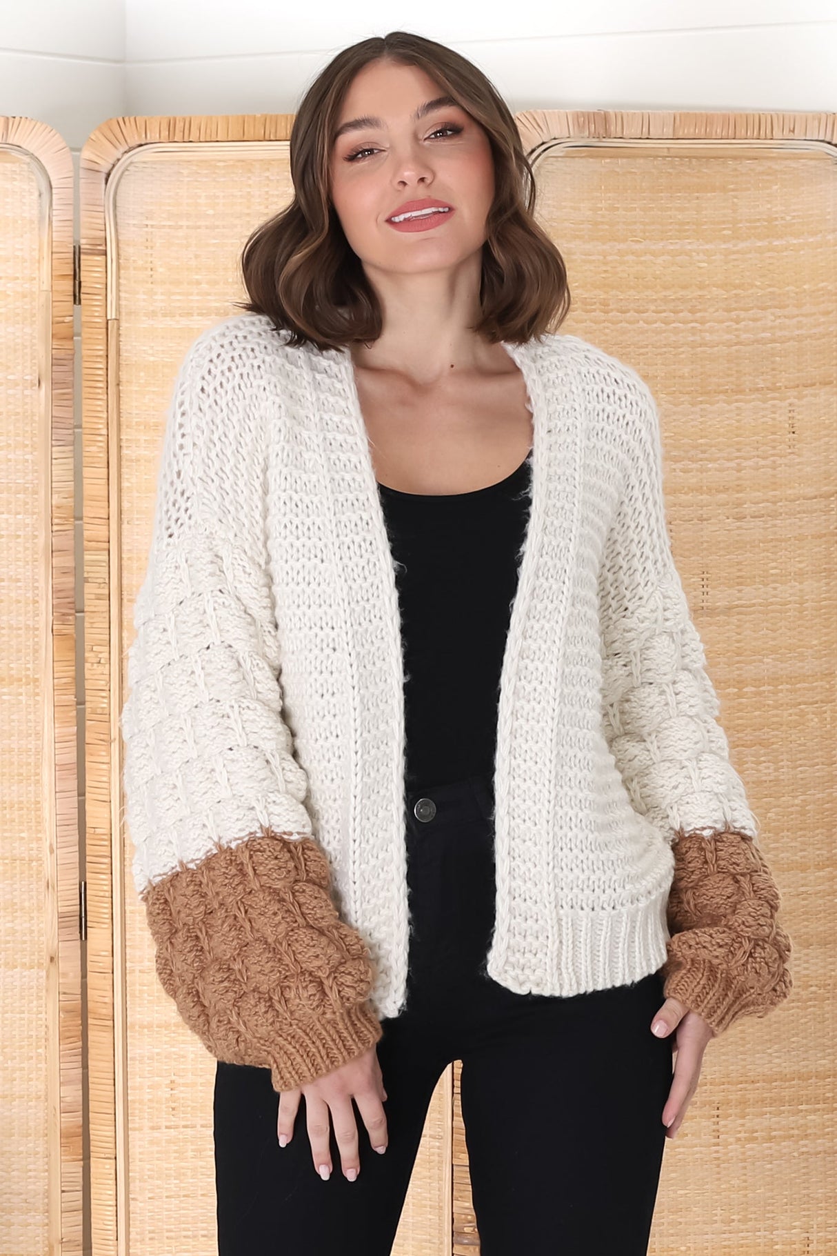 Paddy Cardigan - Bubble Knit Balloon Sleeve Colour Block Cardigan in Cream