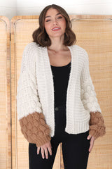 Paddy Cardigan - Bubble Knit Balloon Sleeve Colour Block Cardigan in Cream