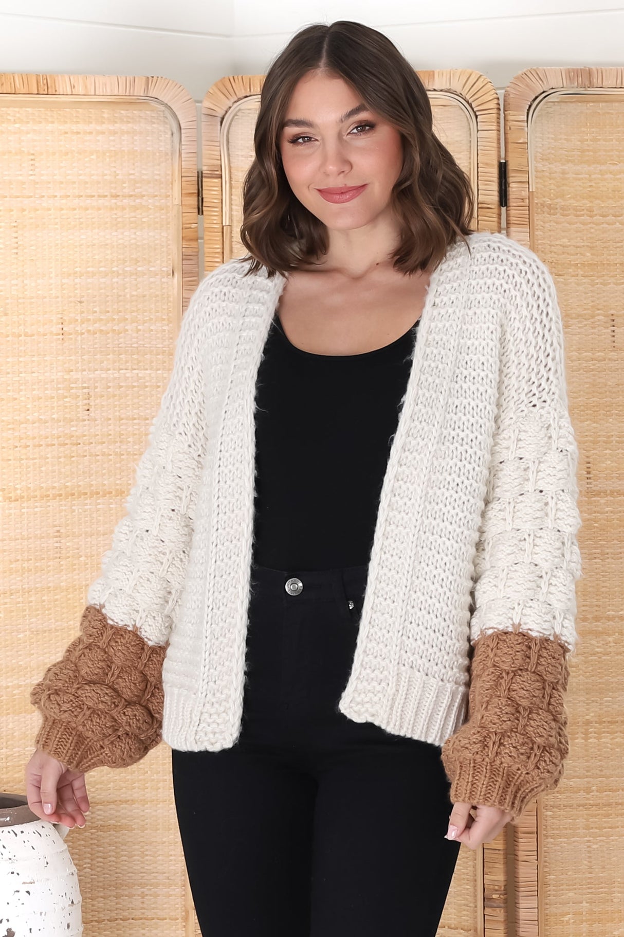 Paddy Cardigan - Bubble Knit Balloon Sleeve Colour Block Cardigan in Cream