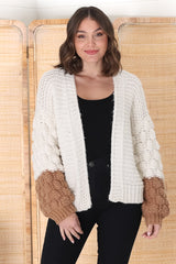 Paddy Cardigan - Bubble Knit Balloon Sleeve Colour Block Cardigan in Cream