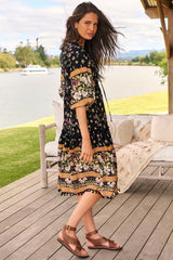 JAASE - Palace Midi Dress: Pom Pom Spliced Batwing Sleeve Dress with Neck Tie in Eternity Print