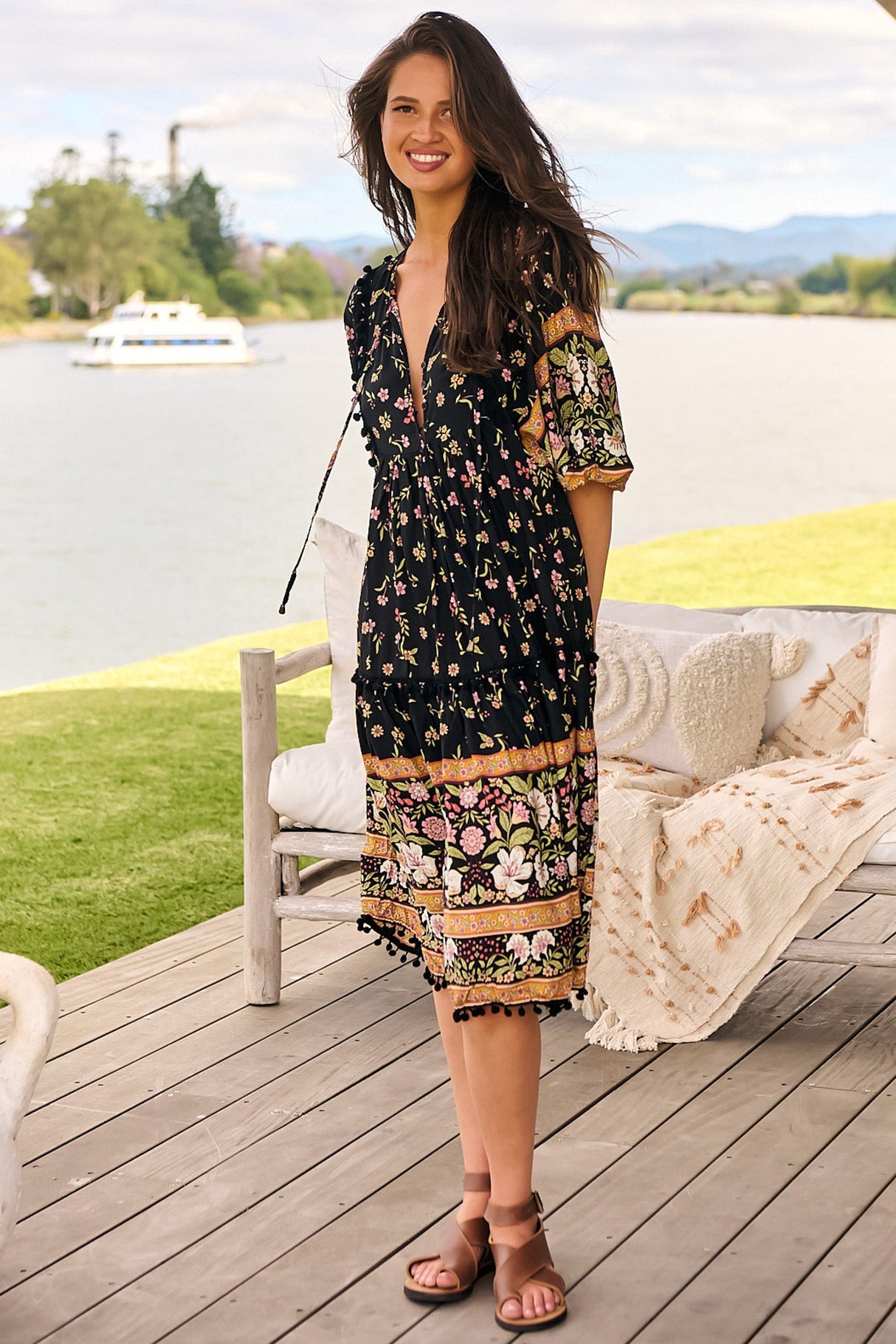 JAASE - Palace Midi Dress: Pom Pom Spliced Batwing Sleeve Dress with Neck Tie in Eternity Print