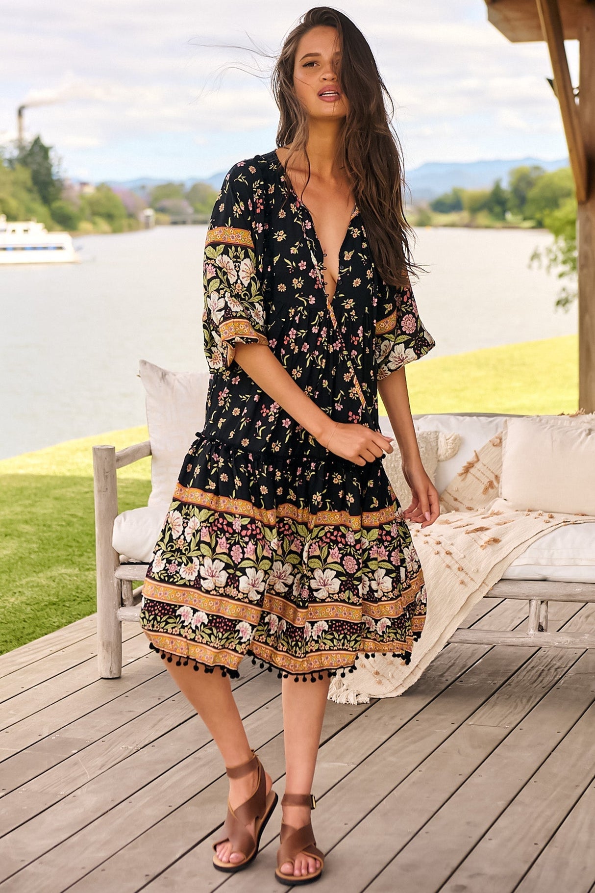 JAASE - Palace Midi Dress: Pom Pom Spliced Batwing Sleeve Dress with Neck Tie in Eternity Print