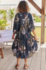 JAASE - Palace Midi Dress: Pom Pom Spliced Batwing Sleeve Dress with Neck Tie in Indigo Print