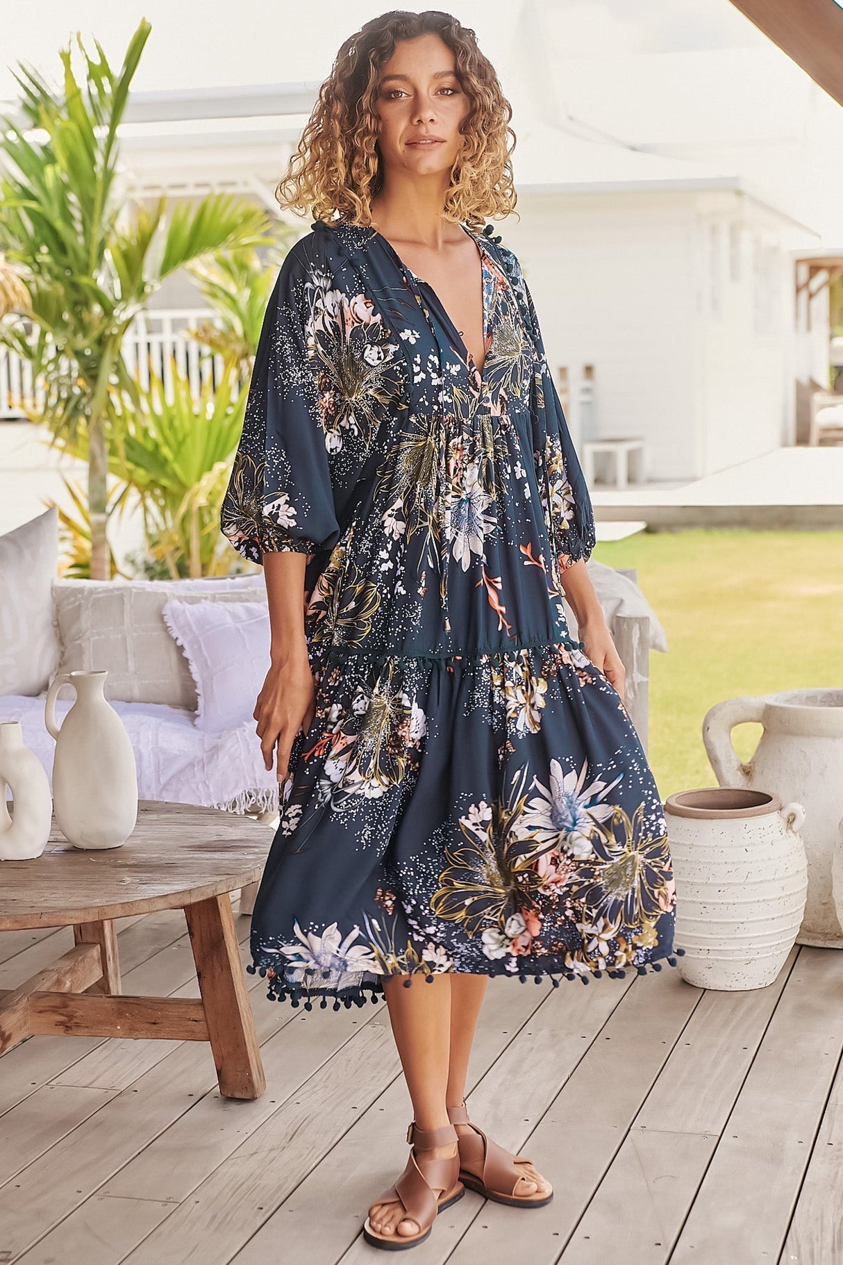 JAASE - Palace Midi Dress: Pom Pom Spliced Batwing Sleeve Dress with Neck Tie in Indigo Print