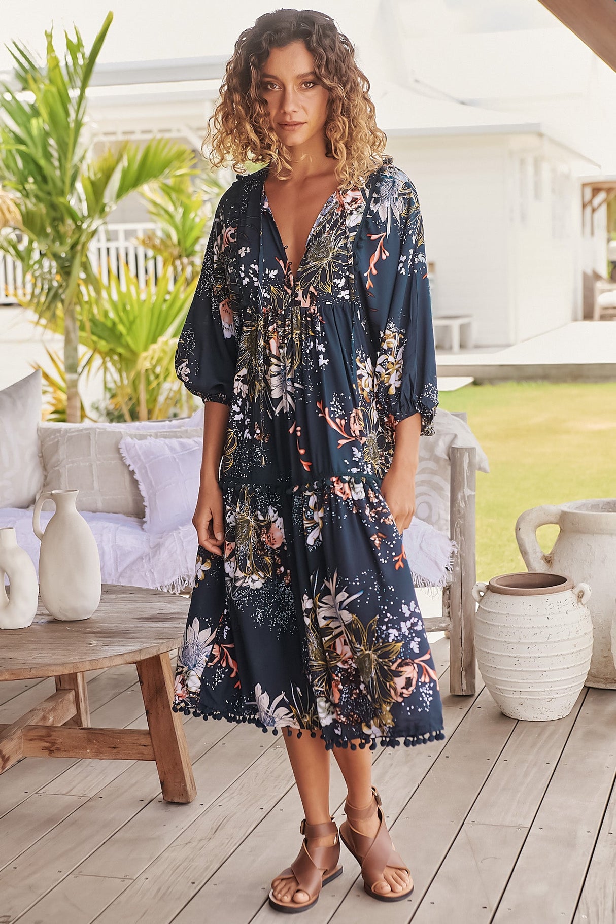 JAASE - Palace Midi Dress: Pom Pom Spliced Batwing Sleeve Dress with Neck Tie in Indigo Print