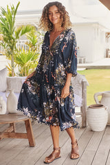 JAASE - Palace Midi Dress: Pom Pom Spliced Batwing Sleeve Dress with Neck Tie in Indigo Print