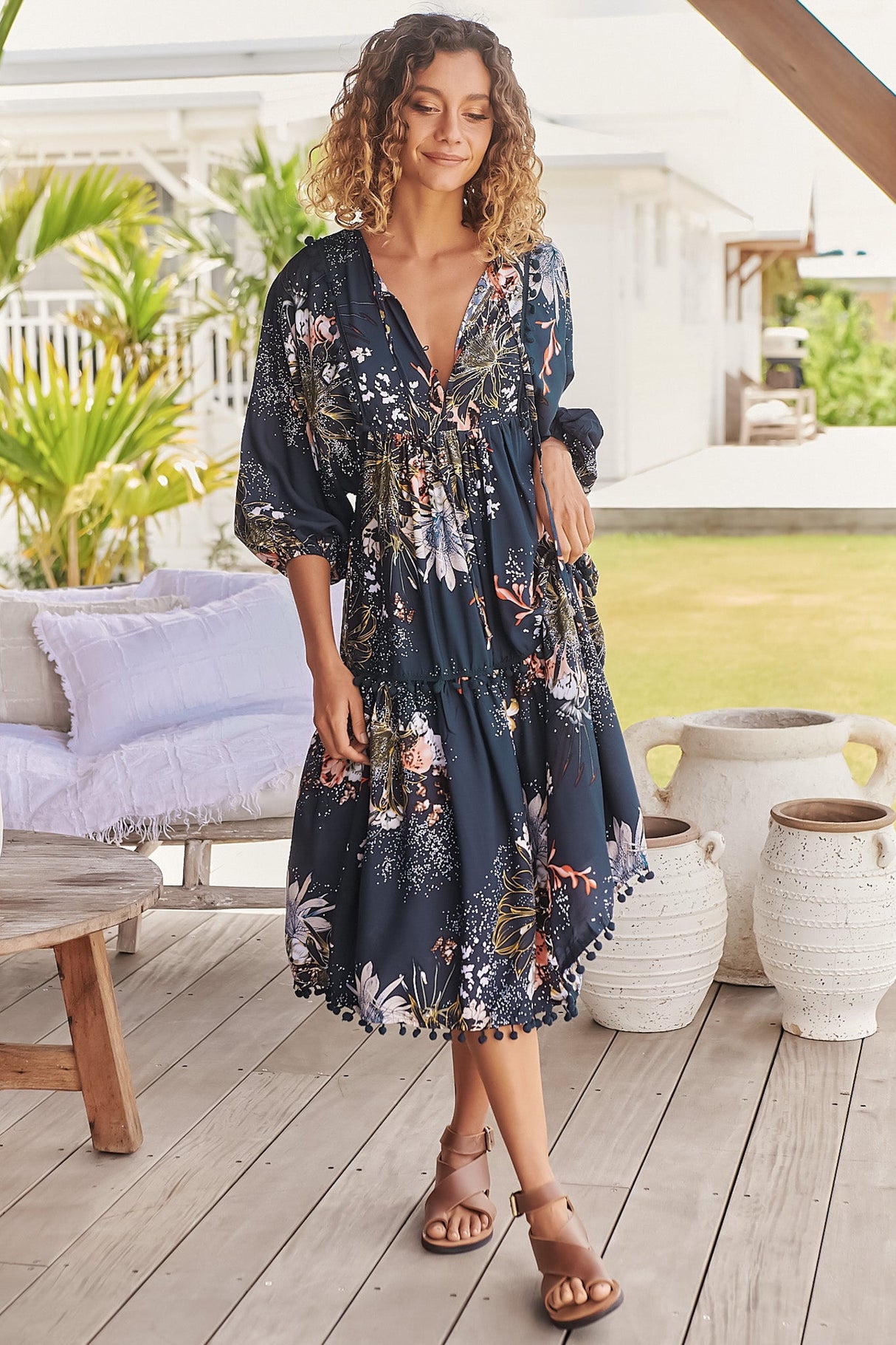 JAASE - Palace Midi Dress: Pom Pom Spliced Batwing Sleeve Dress with Neck Tie in Indigo Print