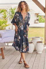 JAASE - Palace Midi Dress: Pom Pom Spliced Batwing Sleeve Dress with Neck Tie in Indigo Print