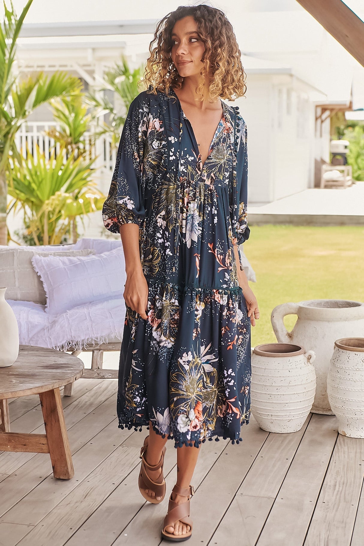 JAASE - Palace Midi Dress: Pom Pom Spliced Batwing Sleeve Dress with Neck Tie in Indigo Print