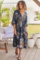 JAASE - Palace Midi Dress: Pom Pom Spliced Batwing Sleeve Dress with Neck Tie in Indigo Print