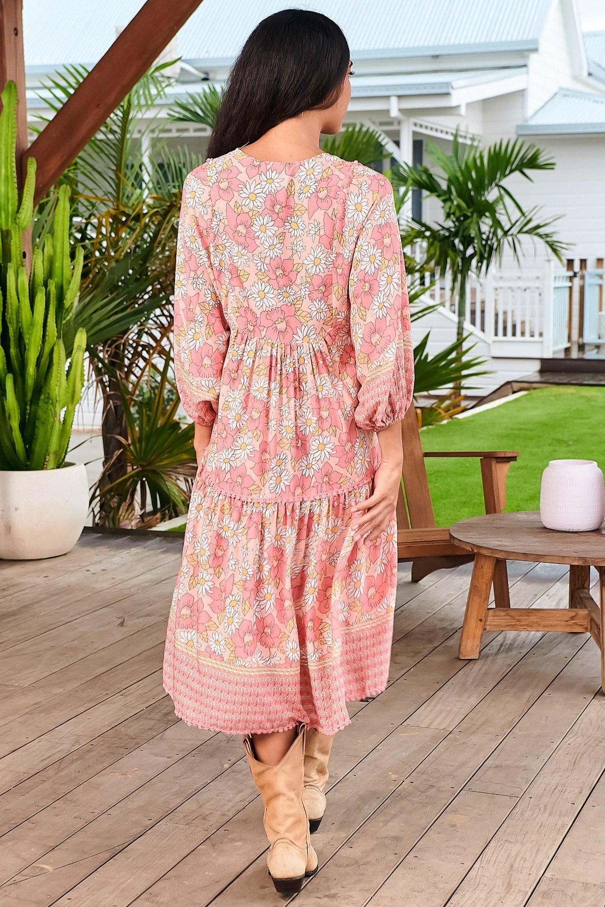 JAASE - Palace Midi Dress: Pom Pom Spliced Batwing Sleeve Dress with Neck Tie in Juliets Garden Print