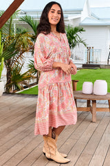 JAASE - Palace Midi Dress: Pom Pom Spliced Batwing Sleeve Dress with Neck Tie in Juliets Garden Print