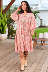 JAASE - Palace Midi Dress: Pom Pom Spliced Batwing Sleeve Dress with Neck Tie in Juliets Garden Print