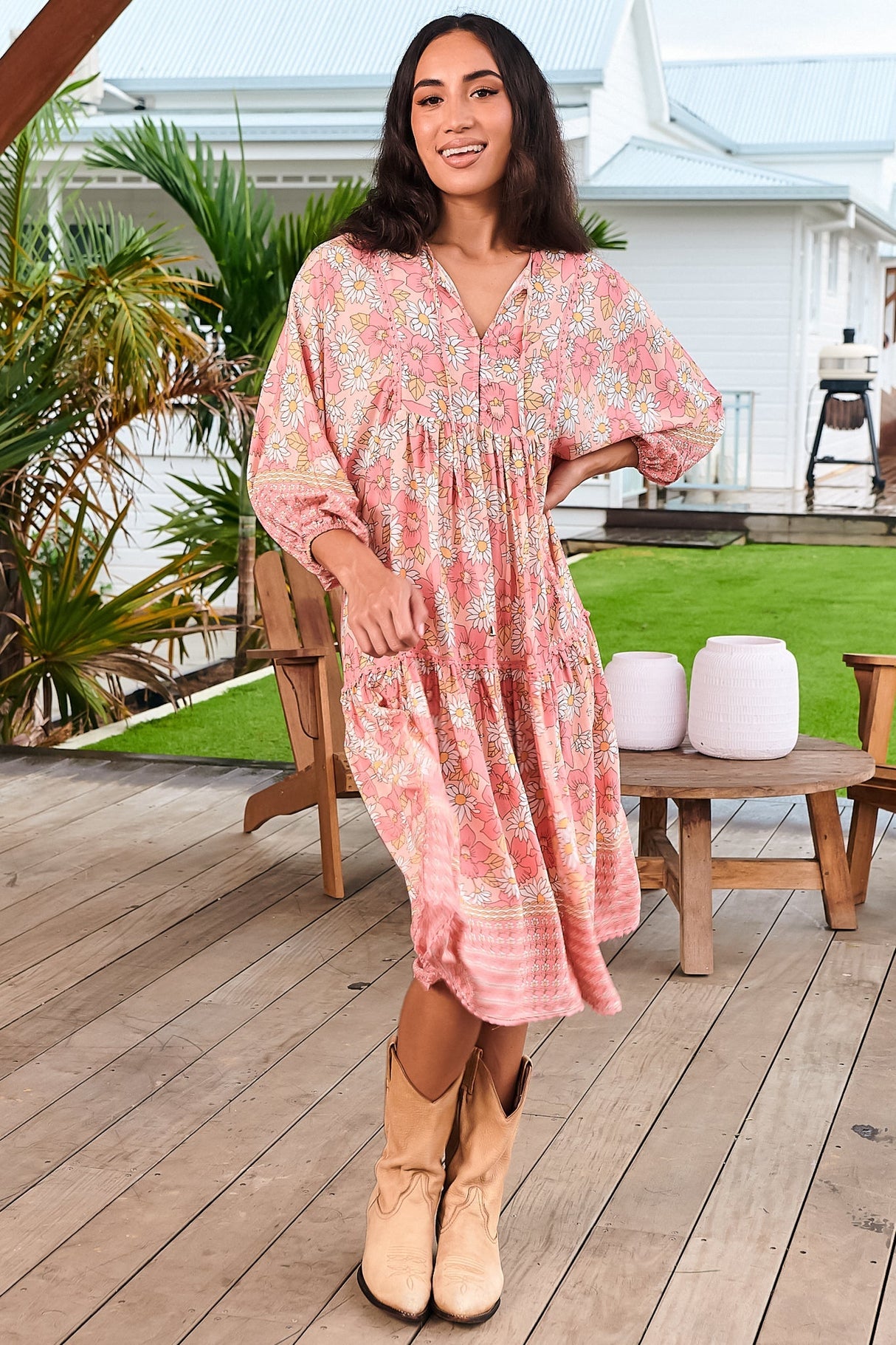 JAASE - Palace Midi Dress: Pom Pom Spliced Batwing Sleeve Dress with Neck Tie in Juliets Garden Print