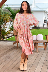 JAASE - Palace Midi Dress: Pom Pom Spliced Batwing Sleeve Dress with Neck Tie in Juliets Garden Print