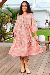 JAASE - Palace Midi Dress: Pom Pom Spliced Batwing Sleeve Dress with Neck Tie in Juliets Garden Print