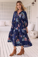 JAASE - Palace Midi Dress: Pom Pom Spliced Batwing Sleeve Dress with Neck Tie in Botanica Print