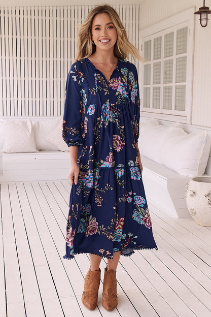 JAASE - Palace Midi Dress: Pom Pom Spliced Batwing Sleeve Dress with Neck Tie in Botanica Print