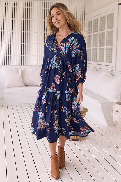 JAASE - Palace Midi Dress: Pom Pom Spliced Batwing Sleeve Dress with Neck Tie in Botanica Print