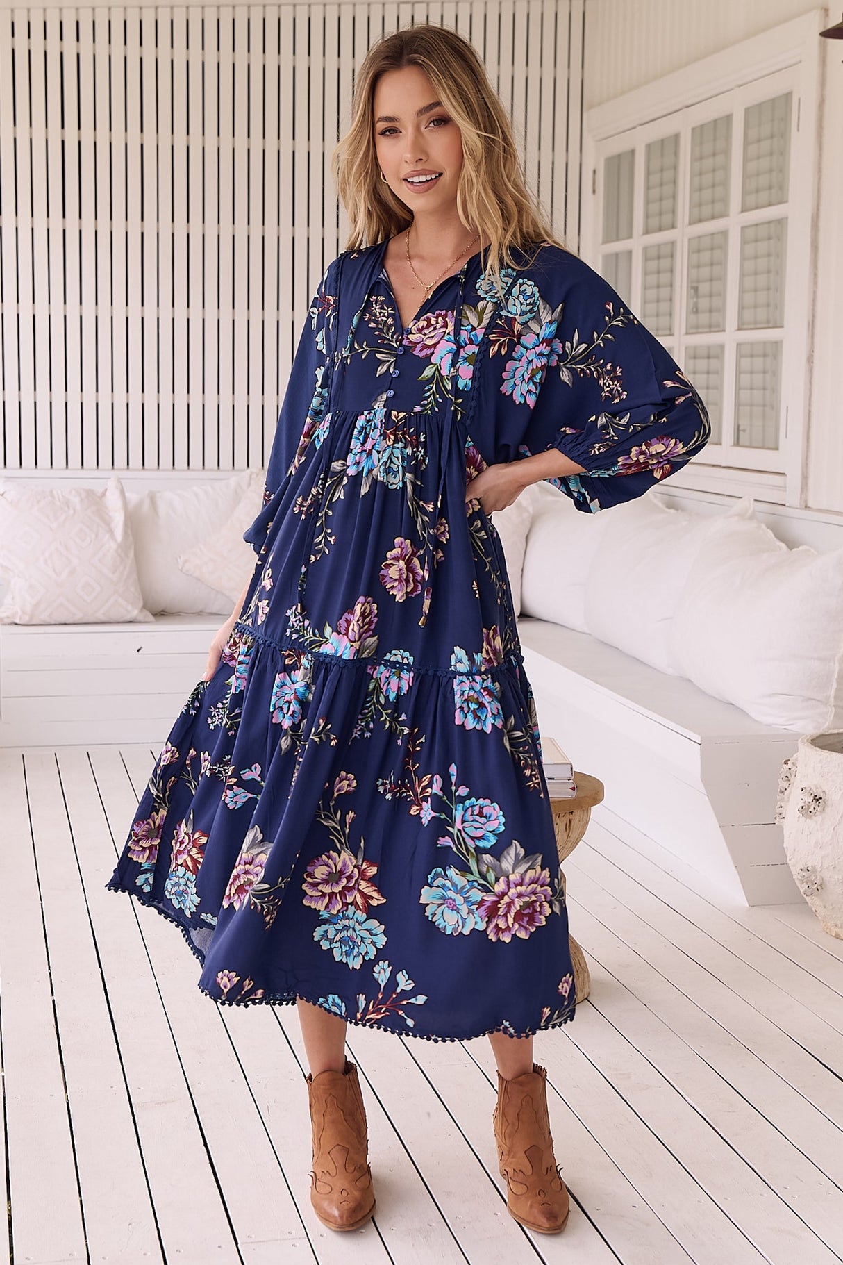 JAASE - Palace Midi Dress: Pom Pom Spliced Batwing Sleeve Dress with Neck Tie in Botanica Print